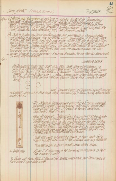 Journal page for January 20, 1959, and January 20, 1960 with a sketch of an early version of the sculpture Jeanne d'Arc