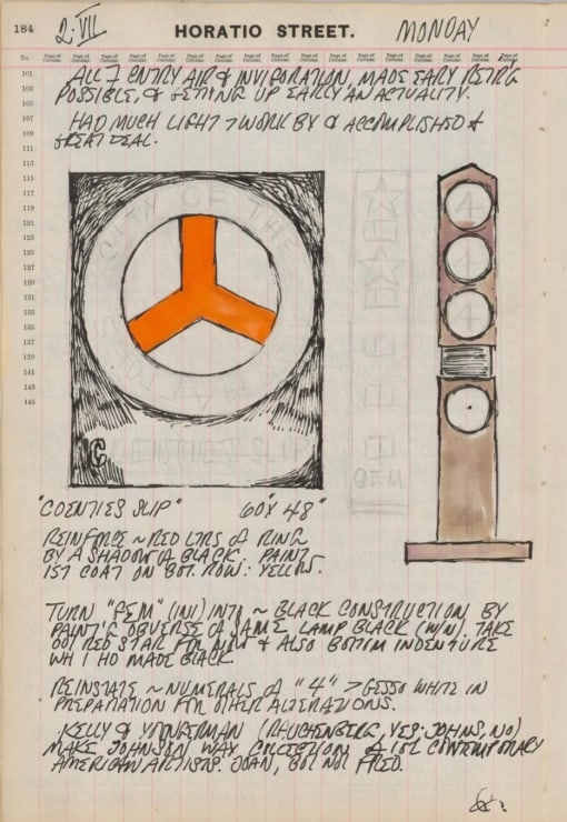 Journal page for July 2, 1962, with a color sketch of an early version of the painting Coenties Slip, a color sketch of the sculpture Four, and a black and white sketch of the sculpture Gem