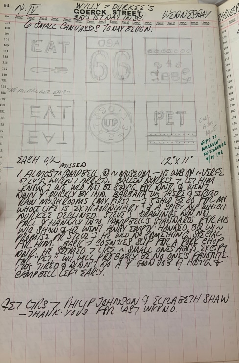 Journal page for April 4, 1962, with black and white sketches of six small paintings: Eat, Route 66, BB, The Mirrored Eat, Up, and Pet