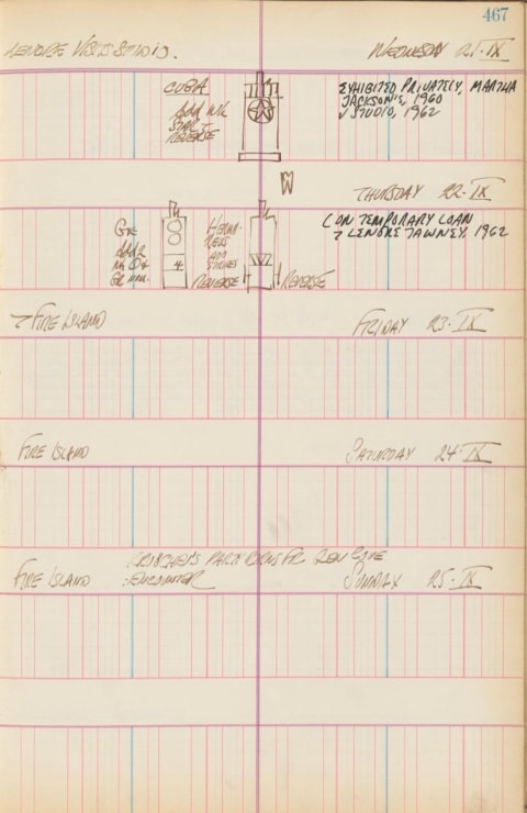 Journal page for September 21–25, 1960, with small black and white sketches of three sculptures: Cuba, Ge, and Zig