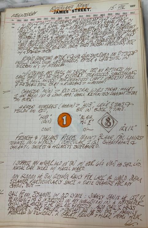 Journal page for August 15, 1962, with a color sketch of a detail of the sculpture Hub, and a black and white sketch of the painting 8