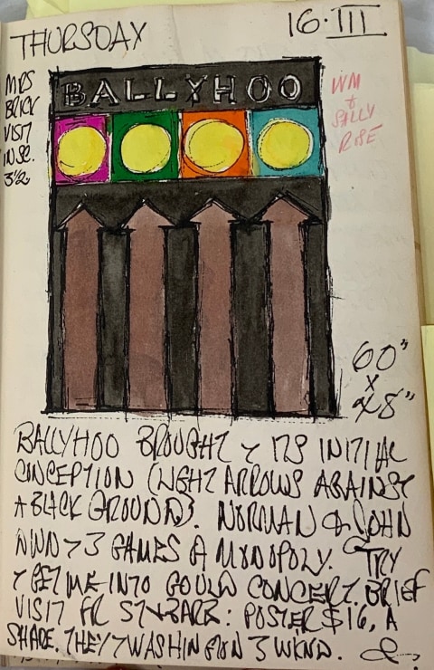 Journal page for March 16, 1961, with a color sketch of the painting Ballyhoo
