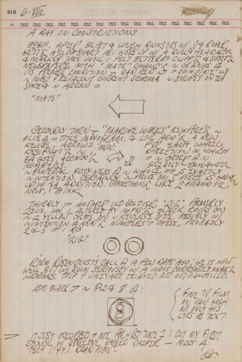 Journal page for August 6, 1962, with black and white sketches of an arrow, two orbs, and a small painting titled 8