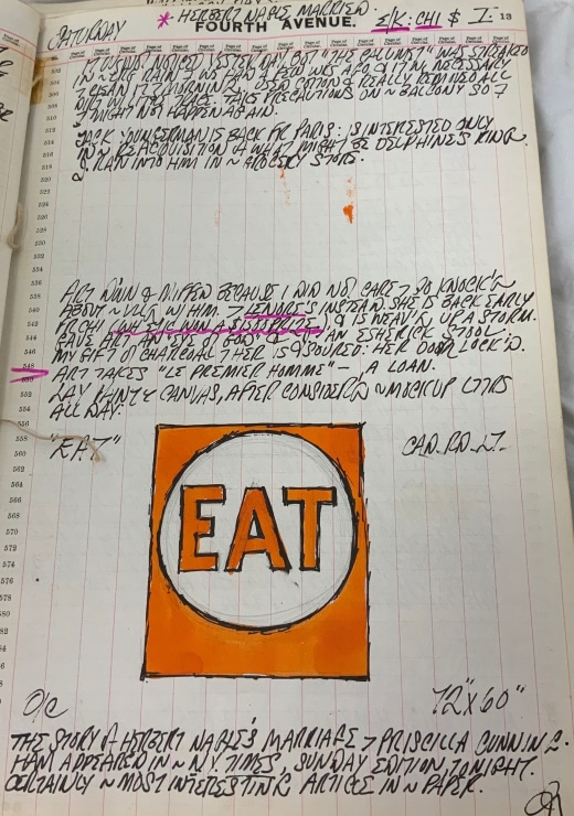 Journal page for January 13, 1962, with a color sketch of the Eat panel from the painting Eat/Die