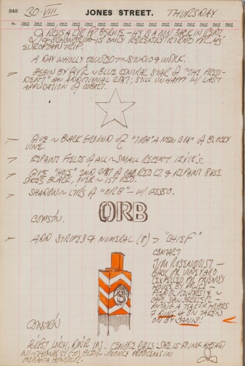 Journal page for August 30, 1962 with a color sketch of the top part of the sculpture Chief