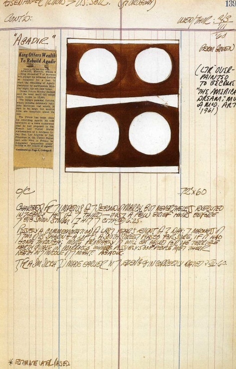 Journal page for March 2–3, 1960 featuring text, a clipping from a newspaper, and a brown and white sketch of the painting Agadir