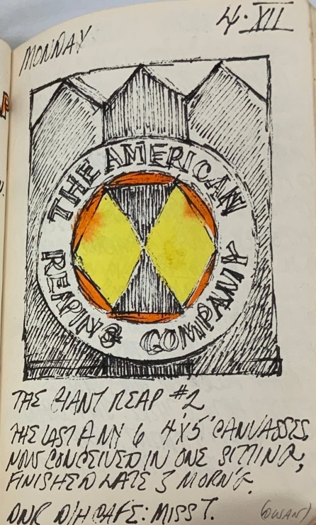 Journal page for December 4, 1961, with a color sketch of the painting The American Reaping Company