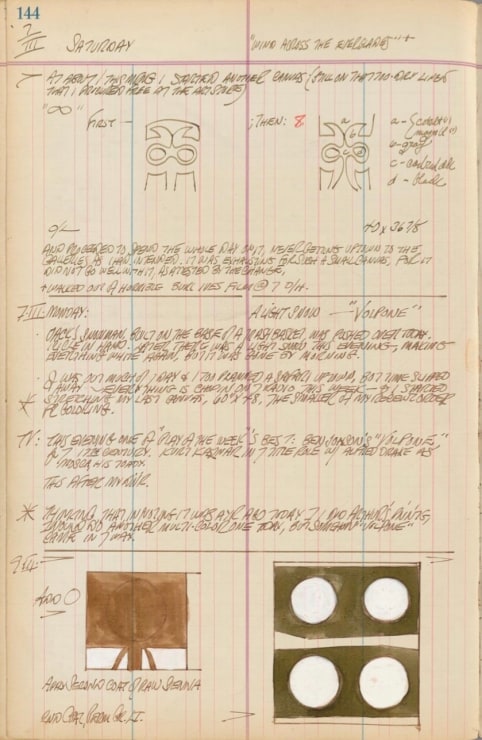 Journal page for March 7, 1959 and March 7 and 9, 1960 with two black and white line sketches of one painting and two color sketches of different paintings