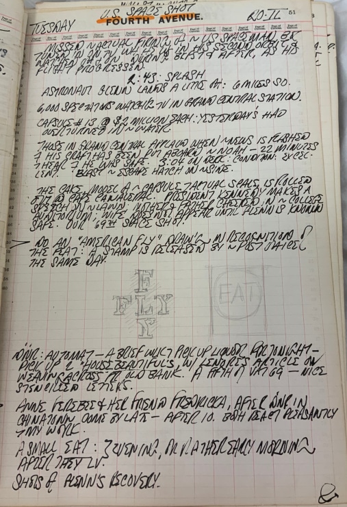 Journal page for February 20, 1962, with black and white sketches of a detail from the rubbing American Fly and of a small Eat painting