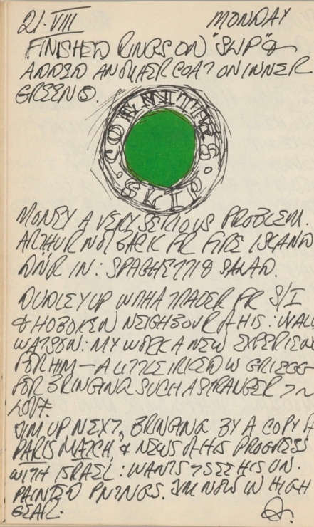 Journal page for August 21, 1961, with a sketch of detail from the painting The Slips