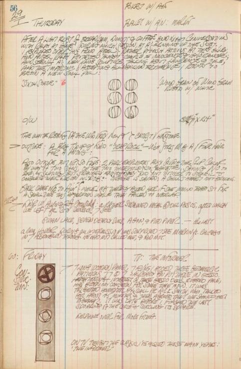 Journal page for January 29, 1959, and January 29, 1960 with a sketch of the six orbs from the painting Sixth state and a sketch of an early state of the sculpture Four