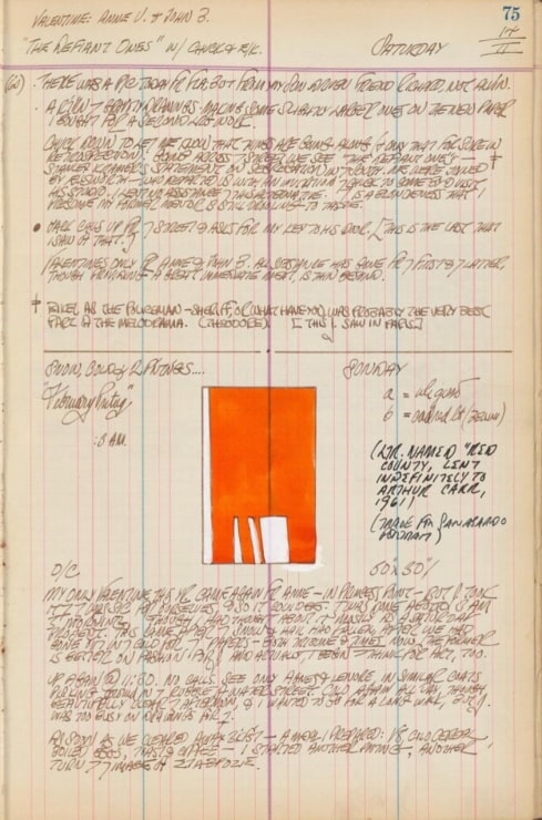 Journal page for February 14, 1959, and February 14, 1960, with a color sketch of the painting Red County