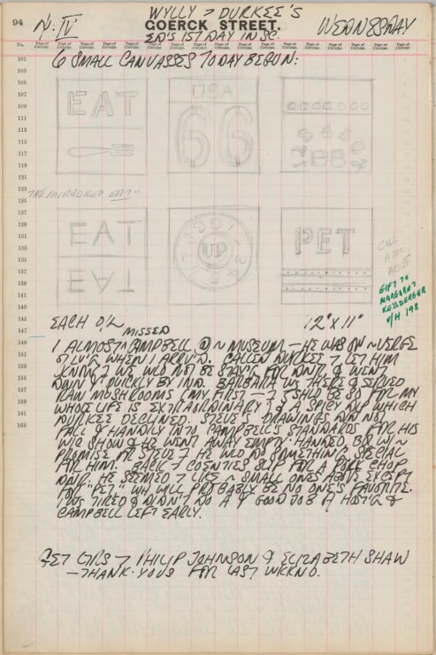 Journal page for April 4, 1962, with black and white sketches of six small paintings: Eat, Route 66, BB, The Mirrored Eat, Up, and Pet