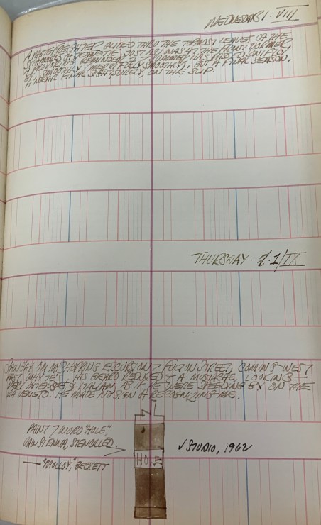 Journal page for August 31–September 1, 1960, with a color sketch of the sculpture Hole