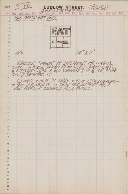Journal page for December 2, 1962, with a black and white sketch of the painting Eat. The painting consists of the word Eat above a fork, the tines facing to the right, against a striped ground