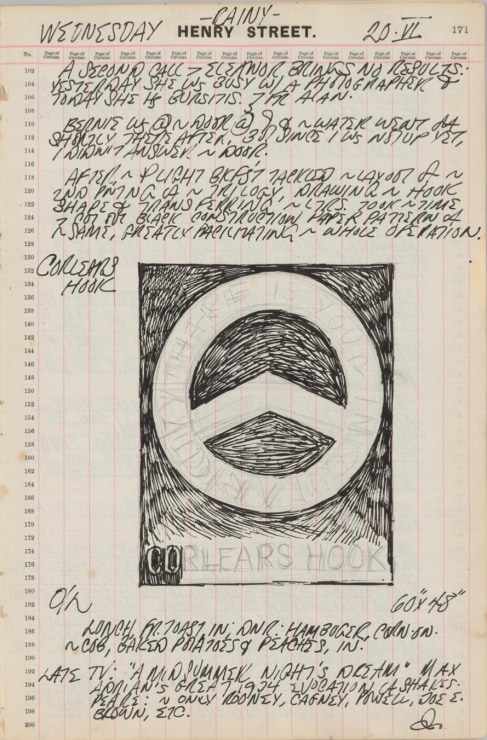 Journal page for June 20 1962, with a sketch of an early state of the Corlears Hook panel from The Melville Triptych