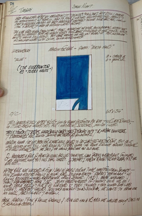 Journal page for February 17, 1959, and February 17, 1960, with a color sketch of an abstract blue and white painting