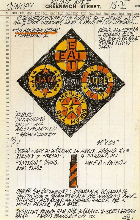 Journal page for May 13, 1962 including text, a color sketch of The Black Diamond American Dream #2 and of the stripes on the side of the sculpture Brow