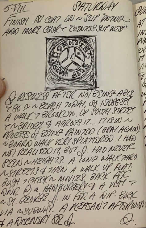 Journal page for August 5, 1961. with a sketch of the painting Coenties Slip West