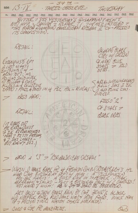 Journal page for September 13, 1962, with pencil sketches of two details from the painting The Black Diamond American Dream #2