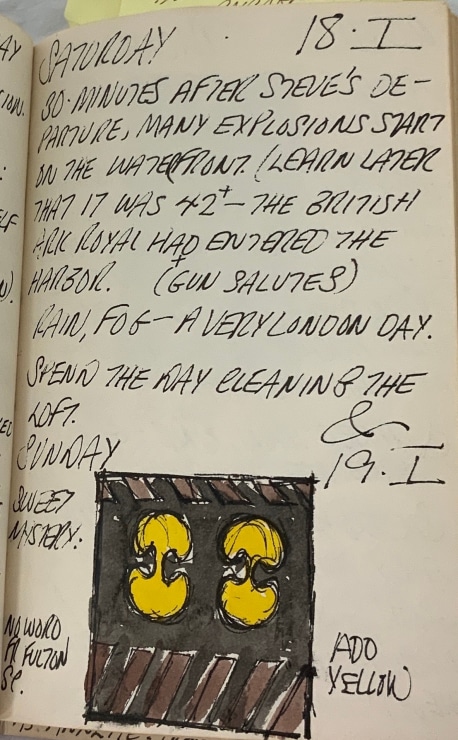 Journal page for February 18–19, 1961 with a color sketch of the painting The Sweet Mystery