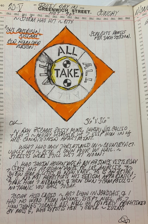 Journal page for May 20, 1962, with a color sketch of a panel form the The Red Diamond American Dream #3