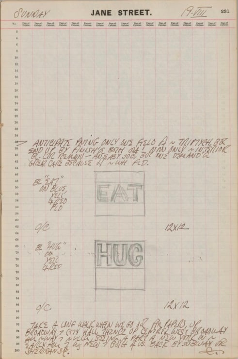 Journal page for August 19, 1962, with black and white sketches of two square paintings, Eat and Hug