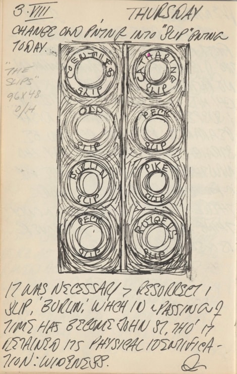 Journal page for August 3, 1961, with a black and white sketch of the painting The Slips