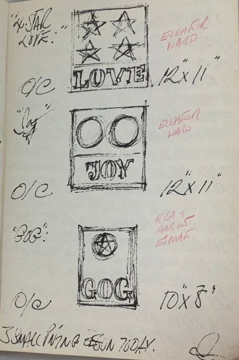 Page from Indiana's journal entry for June 5, 1961, with black and white sketches of four paintings: 4-Star Love, Joy, and Gog