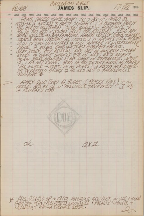 Journal page for August 17, 1962 with a small sketch of a small diamond shaped painting with the word DIE