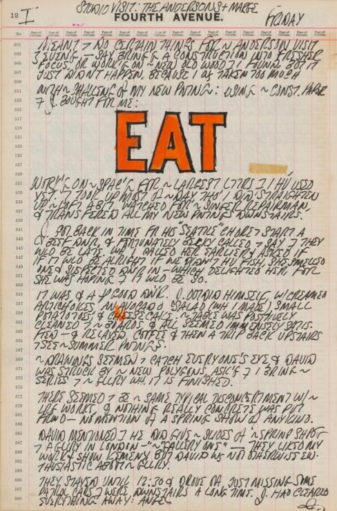 Journal page for January 12, 1962, with a detail of the Eat panel from the diptych Eat/Die