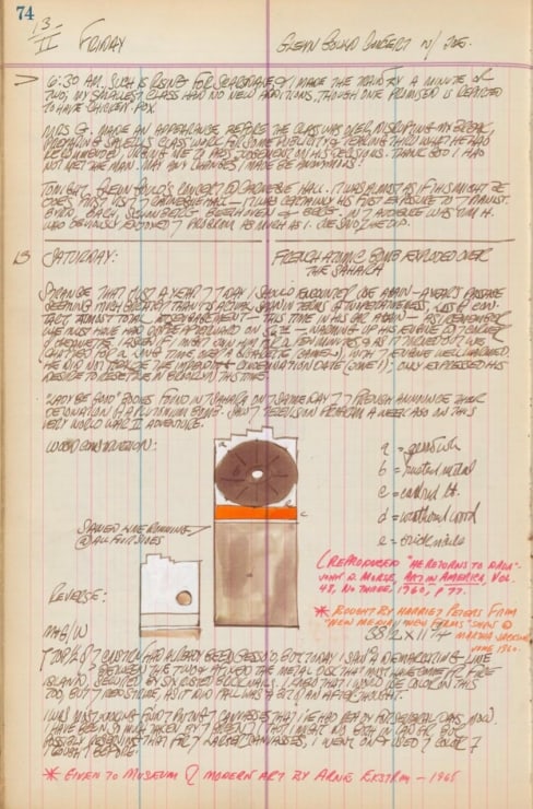 Journal page for February 13, 1959, and February 13, 1960 with a color sketch of the sculpture French Atomic Bomb