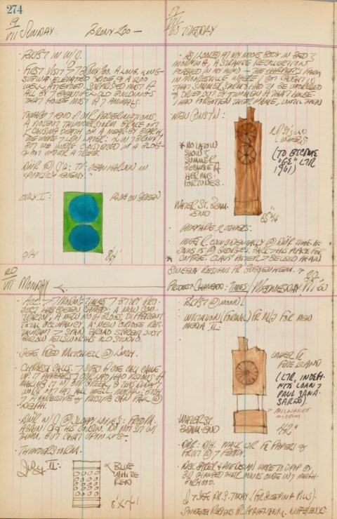 Journal page for July 19–20, 1959, and July 19–20, 1960 with three color sketches - one of a green and blue painting and the other two of sculptures, and a black and white sketch of a painting