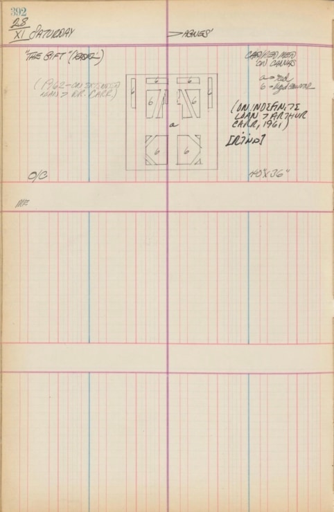Journal page for November 28, 1959 with a black and white sketch of the painting The Gift, with letters indicating the placement of the different colors