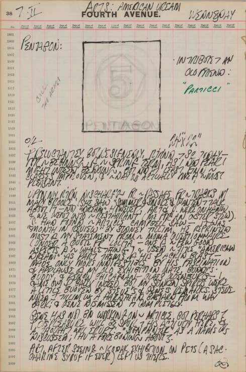 Journal page for February 7, 1962, with a black and white sketch of an early stage of the painting Polygon: Pentagon
