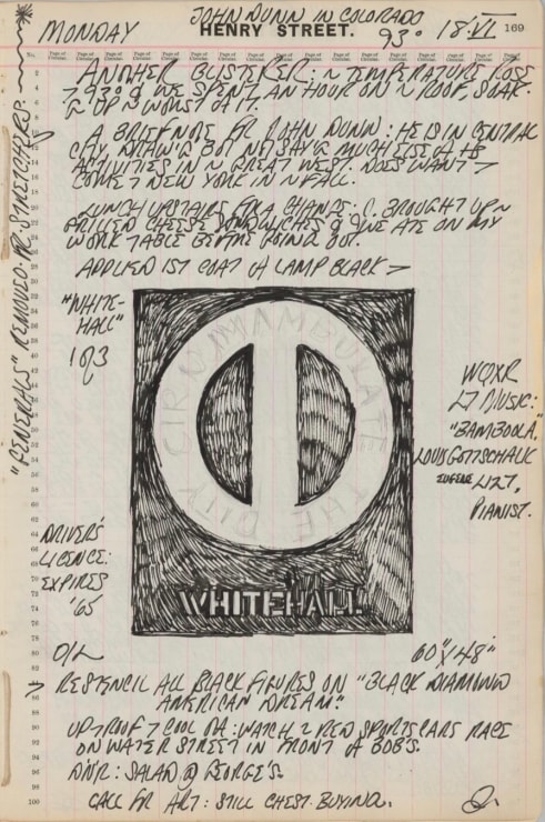 Journal page for June 18, 1962, with a black and white sketch of an early state of the Whitehall panel from The Melville Triptych