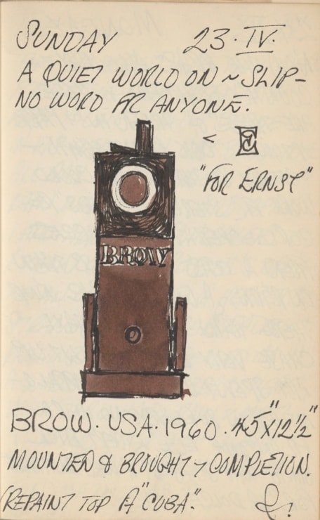 Journal page for April 23, 1961 with writing and a color sketch of the sculpture Brow