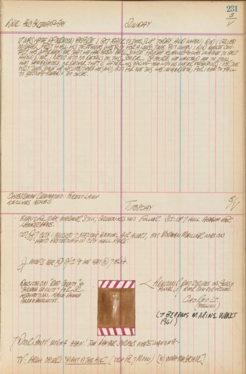 Journal page for May 3, 1959, and May 3, 1960, with a color sketch of an early version of the wall sculpture Marine Works