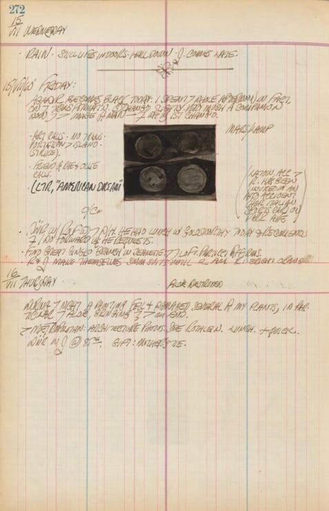 Journal page for July 15–16, 1959, and July 15, 1960, with a sketch of a detail of an early stage of The American Dream, I