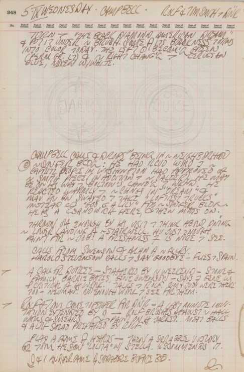 Journal page for September 5, 1962, with pencil sketches of two details from the painting The Black Diamond American Dream #2
