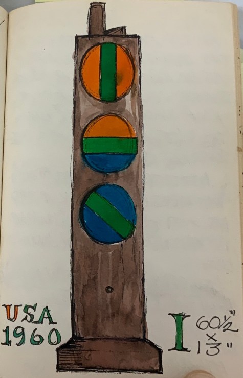 Page from Indiana's journal entry for April 26, 1961, with a color sketch of the sculpture Bar