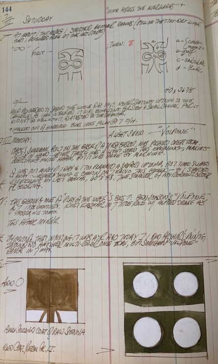 Journal page for March 7, 1959 and March 7 and 9, 1960 with two black and white line sketches of one painting and two color sketches of different paintings