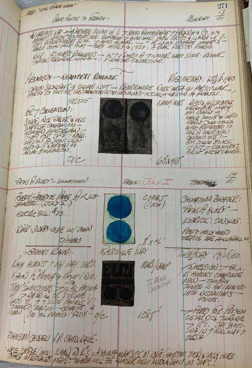 Journal page for July 13–14, 1959, and July 13–14, 1960 with sketches of three paintings: Bride (an early state of In Praise of Dead Generals), an untitled painting of two cobalt blue circles on white, and the painting Fun. 