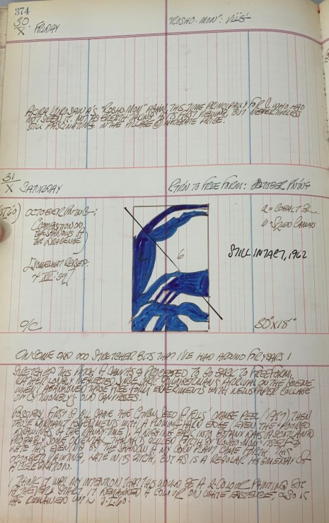 Journal page for October 30–31, 1959 with a color sketch of October painting