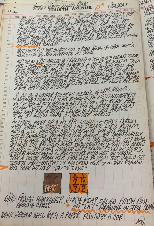 Journal page for January 14, 1962 with two small color sketches of the paintings Joy and 4-Star Love