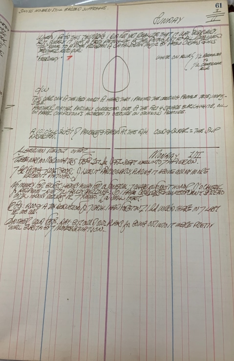 Journal page for February 1, 1959, and February 1, 1960 with a sketch of an egg shape