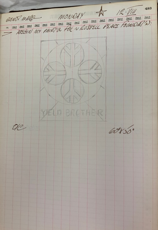 Journal page for August 12, 1963 with a pencil sketch of the painting Yield Brother