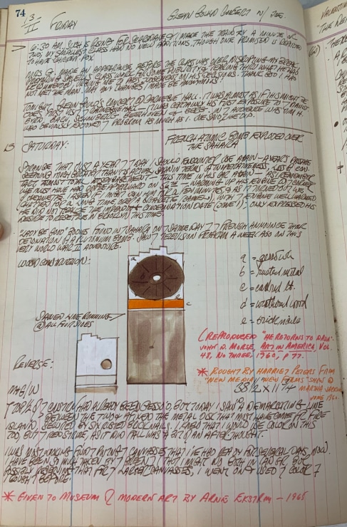 Journal page for February 13, 1959, and February 13, 1960 with a color sketch of the sculpture French Atomic Bomb