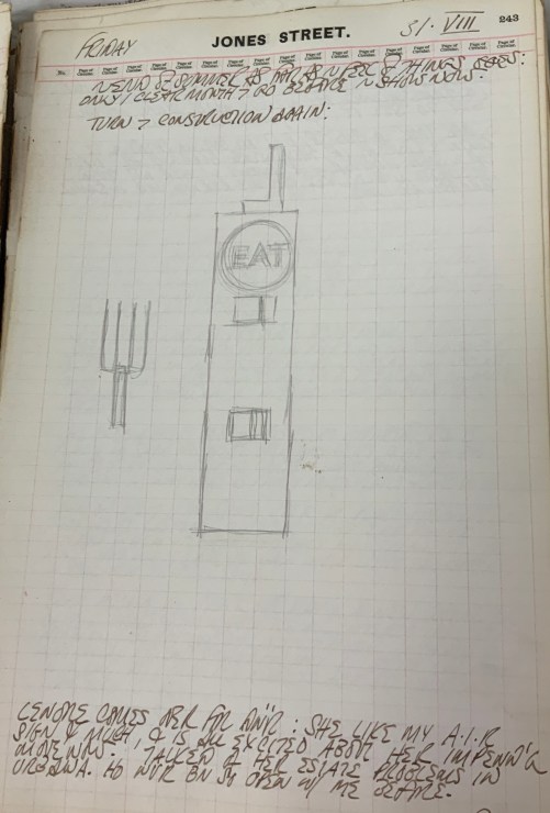 Journal page for August 31, 1962 with a pencil sketch of the sculpture Eat