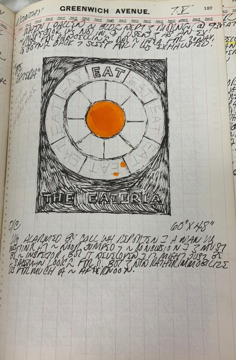 Journal page for May 7, 1962, with a color sketch of an early state of the painting The Eateria
